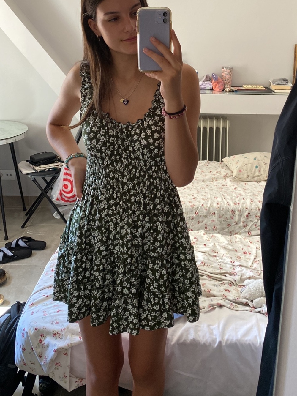 Floral Smocked Mini Dress in Dark Green